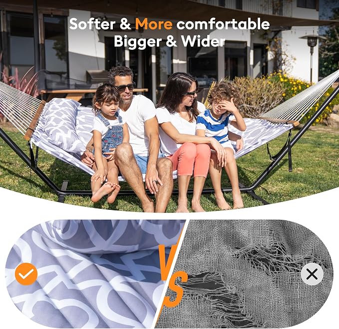 Everyfun Double Hammock with Spreader Bar,Soft Pillow,Max Load 500lbs,Portable Hammock for Outdoor,Camping,and Backyard,White Gray