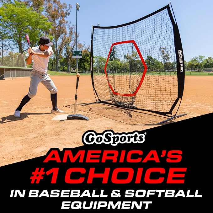 GoSports 7 ft x 7 ft Baseball & Softball Nets - Red, Black, Drip or PRO - Practice Hitting & Pitching Net with Bow Type Frame, Carry Bag and Strike Zone, Great for All Skill Levels