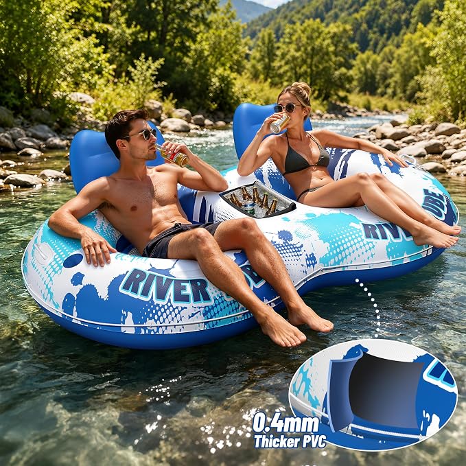 JOSEN Inflatable River Tube Float - 2 Person Heavy Duty River Float, Pool Floats Adult, Lake River Floats Water Tubes for Floating with Removable Cooler & Cupholders for Summer Relaxation