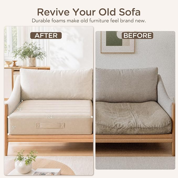 Codi Thick Replacement Couch Cushions 2 Sets, Upholstery Foam with Washable Covers for Sofa Cushion Chair Meditation - 24 × 24 × 5 Inch, High Density Foam, Ivory