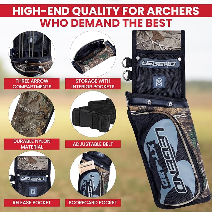 Legend XT420 Field Quiver - Left or Right-Handed Quiver Arrow Holder, Archery Quiver with 3 Arrow Tube, Durable Nylon Hip Quivers with Multiple Pockets for Archery Accessories, Score Card & Tools