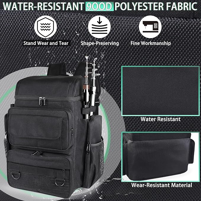 Fishing Tackle Backpack With Rod Holders, 45L Large Tackle Bag & Fishing Tackle Backpack for Fishing, Camping, Hiking,Black