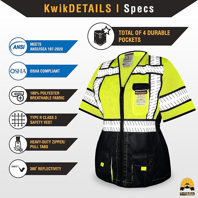 KwikSafety - Charlotte, NC - SPECIALIST Class 3 Safety Vest for Women [REFLECTIVE FISHBONE TAPE] ANSI Tested OSHA Compliant Hi Vis PPE Work Gear/Black XL