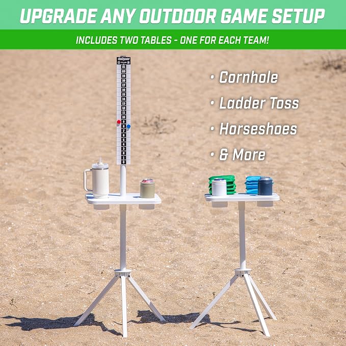 GoSports All Weather Metal Cornhole Scoreboard with Drink Holders - Black or White - Magnetic Outdoor Score Keeper for Yard Games - Set of 2 ScoreCaddy Tables