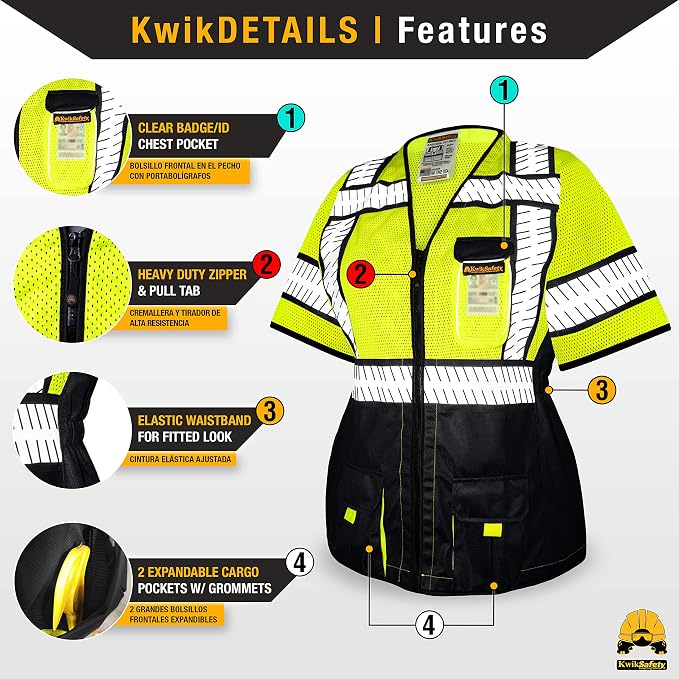 KwikSafety - Charlotte, NC - SPECIALIST Class 3 Safety Vest for Women [REFLECTIVE FISHBONE TAPE] ANSI Tested OSHA Compliant Hi Vis PPE Work Gear/Black 2XL
