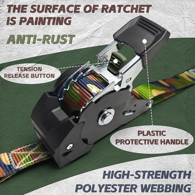 KJE Camo Retractable Ratchet Straps, (4) 1" x 10' Tie Down Strap + (4) Soft Loop -Heavy Duty 1,650lb Max Break Strength, S-Hook W/Clip, Self Retracting Ratchet Strap for Motorcycle, Kayak, ATVs, Boats