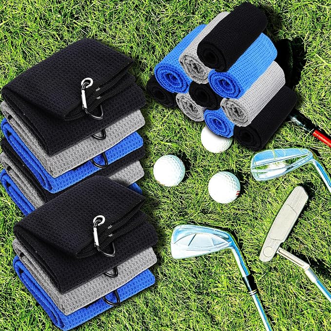 Batiyeer Golf Towels Bulk for Bags 16'' x 24'' Microfiber Waffle Pattern Golf Towels Trifold with Clip for Hiking,Tournament, Yoga