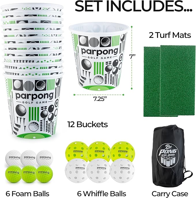VULCANO SPORTS Par Pong Backyard Golf Chipping Game – Outdoor Golf Game with 12 Buckets, 2 Hitting Mats & Golf Balls – for Adults, Tailgating, BBQ, Parties & Gifts for Golfers.