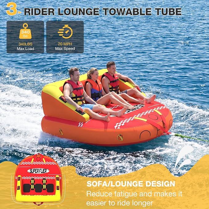 3-Person Towable Tubes for Boating with Towable Rope, Couch Reversible Boat Tube, Padded Bolster Guard Handles & Quick-Connect Tow Point | Towable Rope,Couch Reversible Boat Tube,Padded Bolster Guard Handles,Quick-Connect Tow Point
