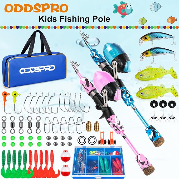 ODDSPRO Kids Fishing Pole - Portable Telescopic Kids Fishing Rod and Reel Combo Kit - with Spincast Fishing Reel Tackle Box for Girls, Youth