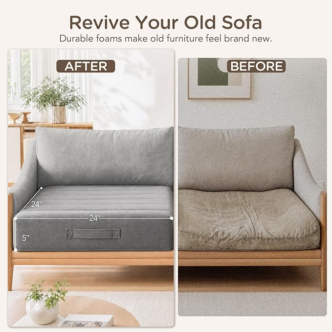 Codi Thick Replacement Couch Cushions, Upholstery Foam with Washable Covers for Sofa Cushion Chair Meditation - 24 × 24 × 5 Inch | High Density Foam, Grey