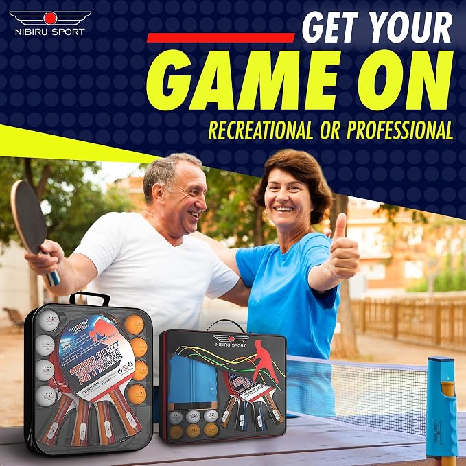 NIBIRU SPORT Professional Ping Pong Paddle Sets - 2 Player or 4 Player Table Tennis Paddles, Retractable Net, Pingpong Balls and Carry Bag Storage Case - Table Tennis Equipment & Ping Pong Accessories