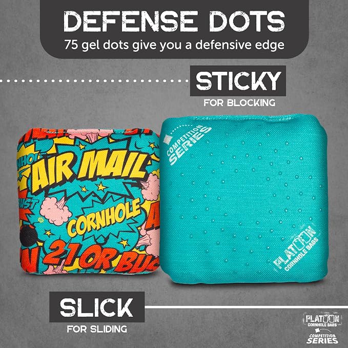 Play Platoon Competition Series Cornhole Bags Set of 8 Regulation Professional Weight Double Sided Slick and Stick with Rubber Sticky Dot Slow Side for Pro Corn Hole Bean Bag Toss Game-Designed in USA