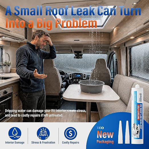 RV Roof Sealant Self-Leveling: White Lap Sealant for Camper Roof Leak Repair, Waterproof Weatherproof Caulk for EPDM TPO Rubber Roof Seams, Skylights, Air Vents, 10.3 oz Tubes 2-Pack