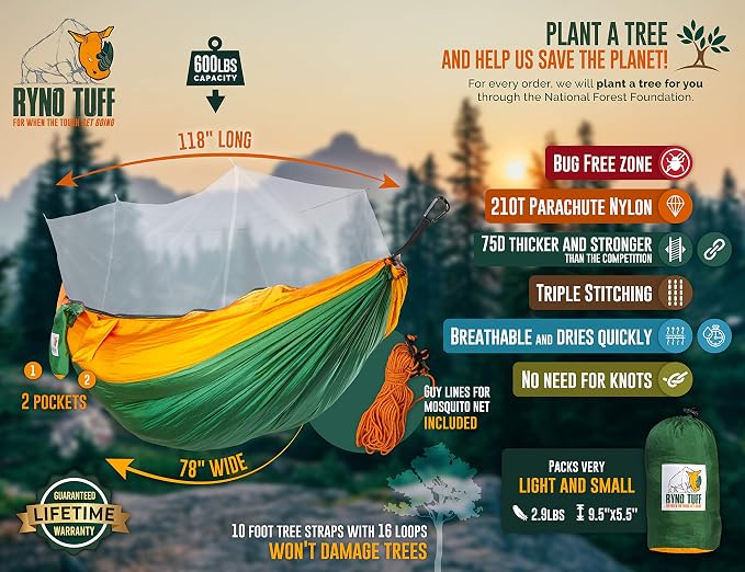 Ryno Tuff X-Large 2 Person Camping Hammock with Mosquito Net - Compact Double Hammock with Bug Net, Pocket, Tree Straps & Heavy Duty Carabiners - Parachute Grade Nylon Can Hold Over 600lbs of Weight