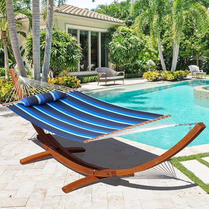 Lazy Daze Hammocks 12 FT Sunbrella Fabric Hammock Non-Fading with Spreader Bars and Free Pillow Fits for 2 Persons, All Weather and Fade Resistant for Patio Yard, 450 lbs Capacity, Gateway Indigo