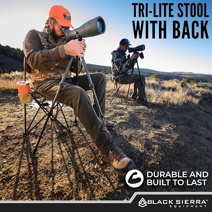Black Sierra Tri-Lite Folding Stool with Backrest & Cup Holder, Lightweight Portable Hunting Fishing Chair with Carry Strap, Collapsible Outdoor Tripod Seat Supports 225 lbs