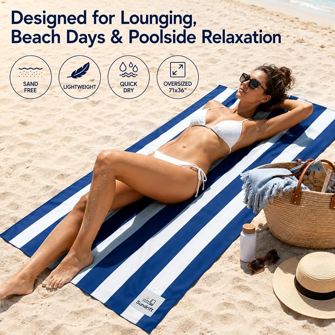 Oversized Microfiber Beach Towel 71x36 Inch, Quick Dry Sand Free Travel Towel, Lightweight Sueded Beach Blanket for Pool, Camping, Yoga & Beach Trips (Navy Blue)