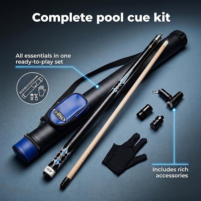 Tai ba cues 2-Piece Pool cue Stick + Hard Case, 13mm Tip, 58", Hardwood Canadian Maple Professional Billiard Pool Cue Stick 18,19,20,21,22 Oz Pool Stick (Selectable)-Blue, Black, Red, Gray, Green