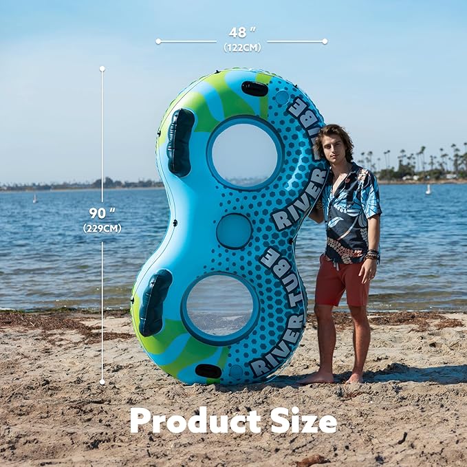 SLOOSH 2-Person Inflatable River Tube - Heavy Duty River Run Tubes Pool Lake Floats for Adults, Large Floating Raft Lounge Above Water Floaties with 2 Cup Holders & Removable Cooler