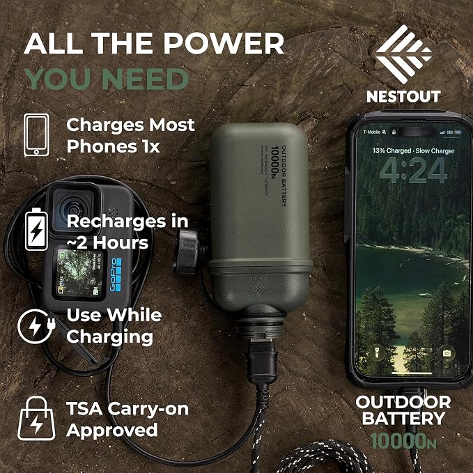 NESTOUT Rugged Power Bank, 10000mAh Outdoor Battery Charger, 20W USB-C Fast Charging PD, Waterproof IP67, Durable Shockproof, Battery Pack for iPhone Hiking Travel Camping (Olive Green, 10000mAh)