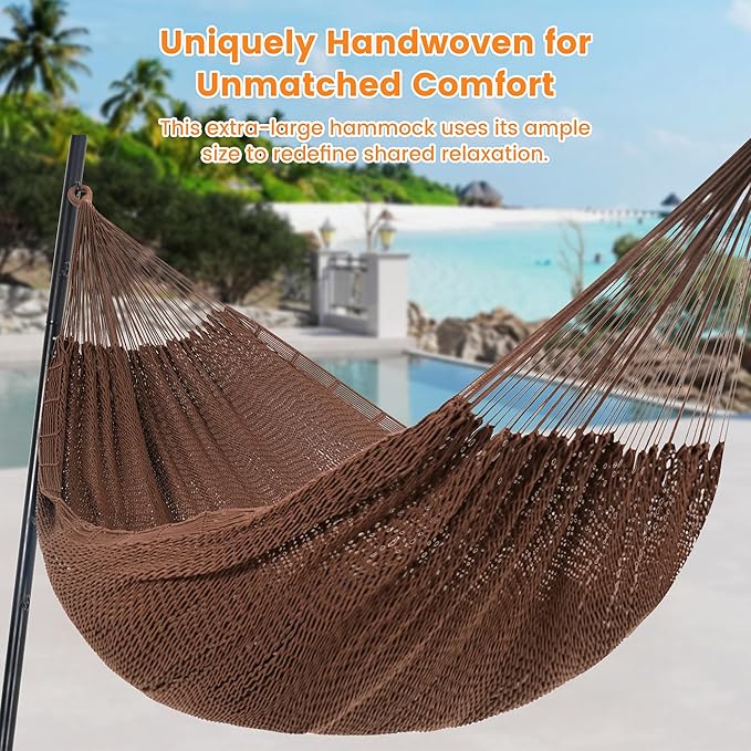 Lazy Daze Hammocks Handwoven XL Mayan Hammock, 10.5 FT Soft Rope Double Hammocks, Portable Outdoor Hammock with Carry Bag, 2 Straps & Carabiners for Patio Outside, 550 lbs Weight Capacity, Coffee