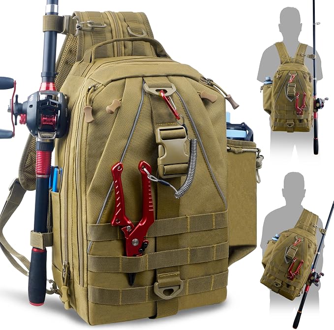 SILANON Fishing Tackle Backpack Wateproof Fishing Backpack with Rod Holder Lightweight Sling Tackle Bag Gift for Men
