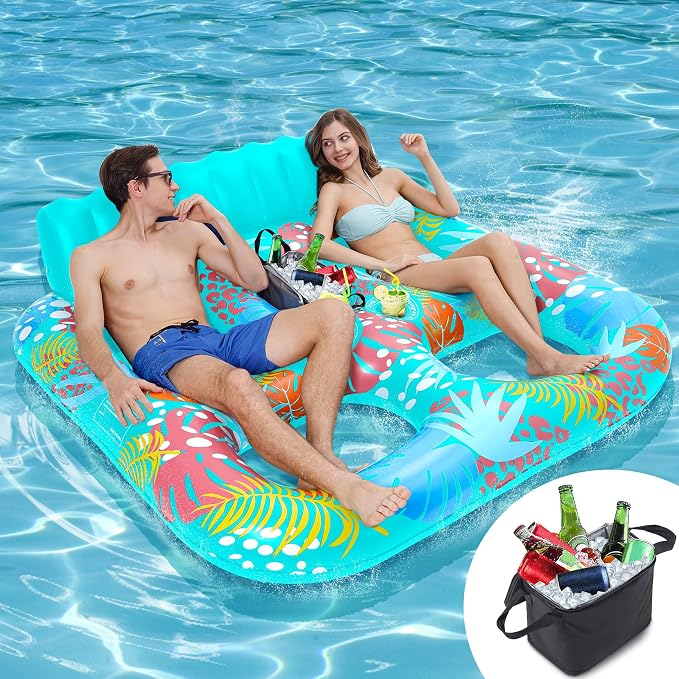 2-Person Inflatable Pool Floats Adult Heavy Duty, 71" x 61" Pool Lounger Float with Cup Holders & Backrest & Removable Insulated Cooler, Thickened Swimming Raft for Pool Party, Lake, Beach, River
