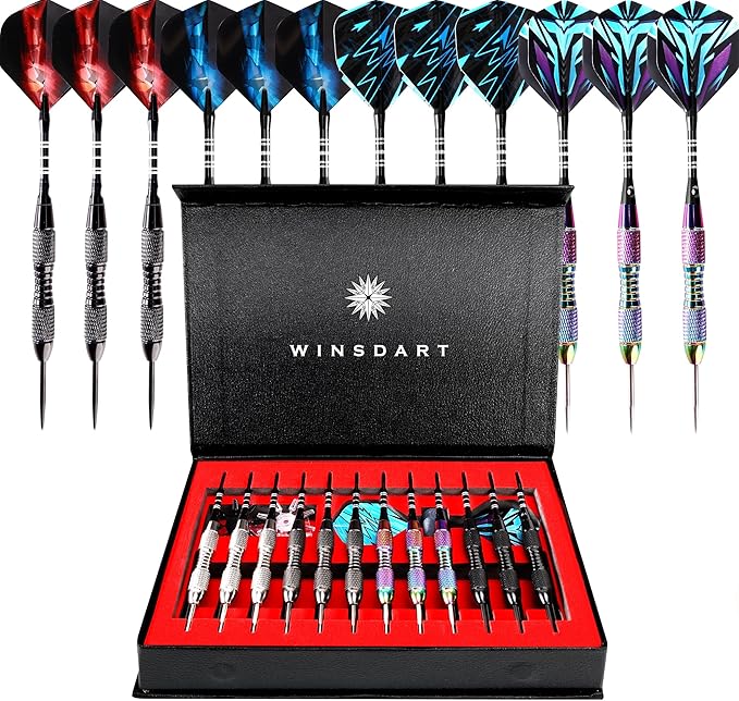 WINSDART Steel Tip Darts 12 Pack Set with Nonslip Iron Barrel Aluminum Dart Shafts and Flights Darts Sharpener an Gift Box