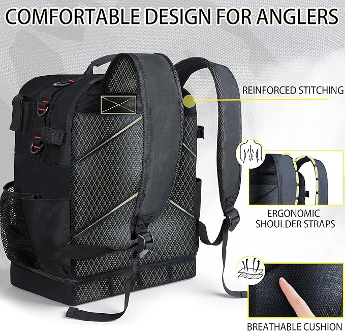 Fishing Tackle Backpack with Cooler,45L Large Tackle Bag with 2 Rod Holders & Clear Window,Outdoor Fishing Backpack for Fishing,Camping,Hiking,Black