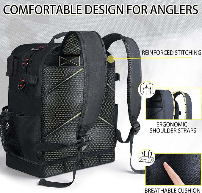 Fishing Backpack with Tackle Boxes,45L Large Tackle Bag with Cooler & Fishing Gear Kit,Waterproof Tackle Backpack for Gift with Fishing Lures, Fishing Pliers,Black