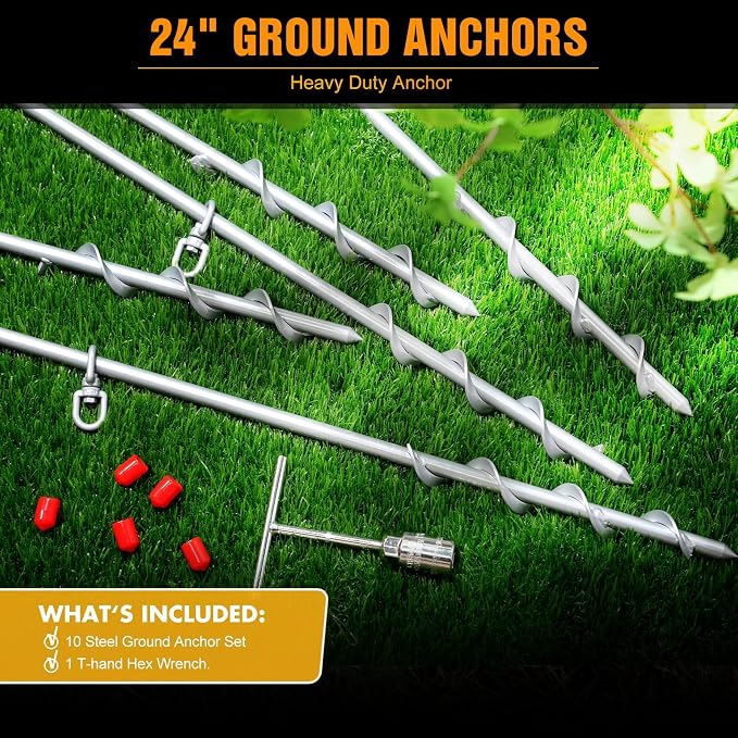 Hiboom 10 Pcs Ground Anchors with T Handle Hex Wrench Trampoline Hook, Ground Anchor Screw in Kit, Inflatable Outdoor Decorations Accessories for Camping Tents Car Ports Canopies (Silver,24 Inch)