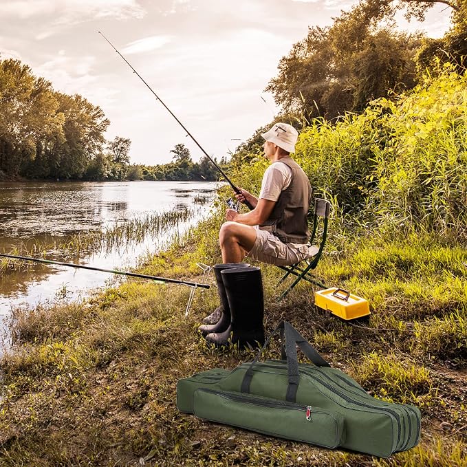 Fishing Rod Case - Three Layer Oxford Portable Folding Pole Bag, Waterproof Tackle Storage, Travel Bags for Camping, Hiking
