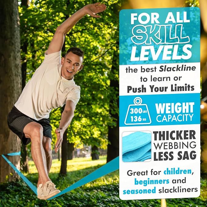 Complete Ninja Slackline Kit - 60ft Slack Line for Backyard for Kids & Adults - Wider Tree Protectors Slackline Kit for Ninja Warrior Obstacle Course for Kids Outdoor Playset (Essential Kit - Blue)