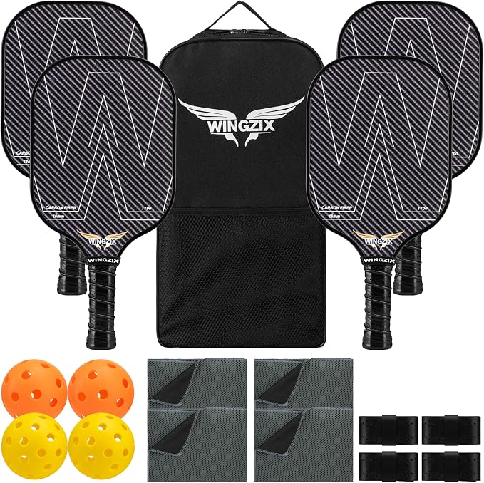 Pickleball Paddles Set of 4 - Pickle Ball Paddles Bundle with T700 Carbon Fiber Rackets, 4 Indoor & Outdoor Balls, Grip Tape, Carry Bag - 16mm Honeycomb Core - Premium Gift Set for Family