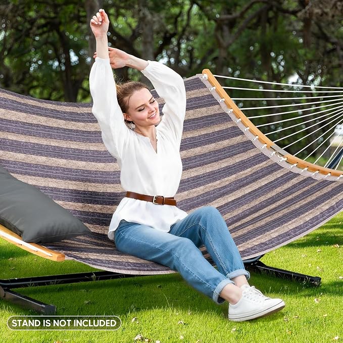 SUNCREAT Hammocks Portable Double Hammock with Curved Spreader Bar, 450 lbs Capacity, Heavy Duty Outdoor Hammock with Carrying Bag, Gray Stripes