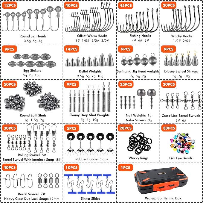 PLUSINNO 397pcs Fishing Accessories Kit and 404 PCS Fishing Lures, Upgrade XL Fishing Tackle Box with Tackle Included