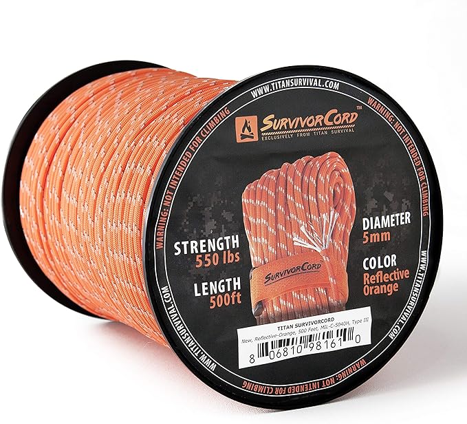 TITAN Survival Patented Paracord 550 - 25ft, 100ft, 500ft & Color Options - 620LB Strength Survival Paracord Military Spec with 3 Strands - Heavy Duty Hank Cord for Camping & Outdoors with Firestarter
