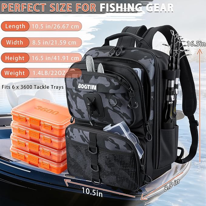Fishing Backpack with Fish Rod & Lures Kit Lightweight 25L Tackle Bag with Fishing Gear and Tackle Boxes, Fish Gifts for Men Woman-Black Camo Backpack