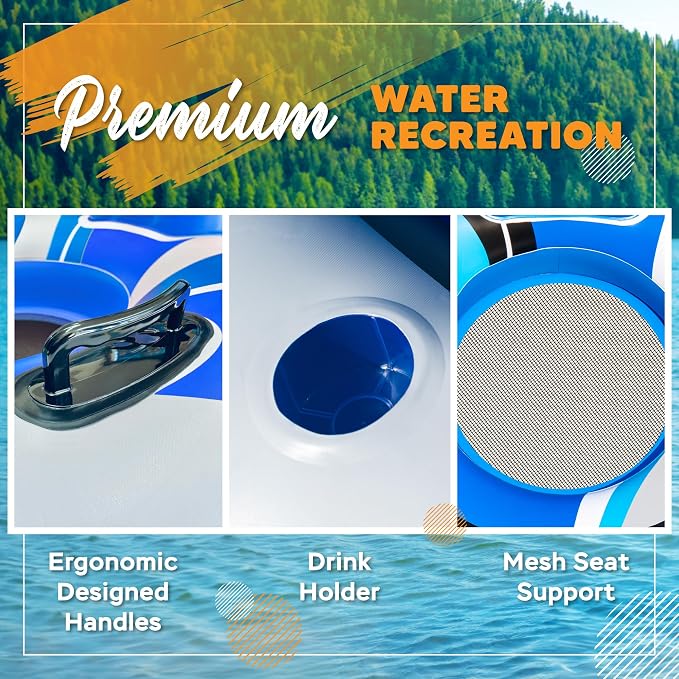 Sunlite Sports River Tube with Canopy for 1 or 2 Person - Heavy Duty Inflatable Water Float with Cup Holders, UV Sun Protection, Comfortable Lounge Design for Lake, River, Pool