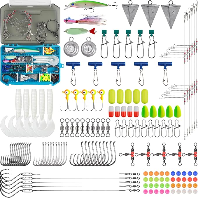 150pcs Ocean Saltwater Fishing Lures Surf Tackle Kit | Saltwater Surf Tackle Kit Ocean Fishing Lures Fish Finder Rigs Bucktail Jig Weight Sinker Leader Surf Fishing Accessories