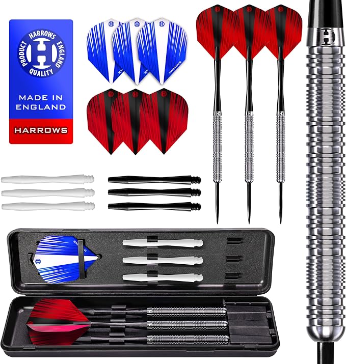 Harrows Caliber 90% Tungsten Steel Tip Darts Set I 21g to 30g All Weights Available I Huge 16pcs Bundle with Spare Shafts, Prime Flights & Travel Case