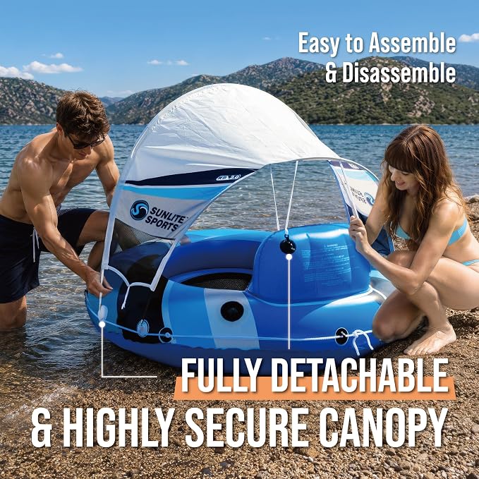Sunlite Sports River Tube with Canopy for 1 or 2 Person - Heavy Duty Inflatable Water Float with Cup Holders, UV Sun Protection, Comfortable Lounge Design for Lake, River, Pool