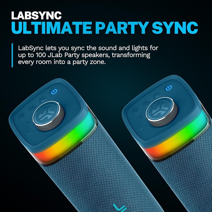 JLab, JBuds Party, Portable Bluetooth Speaker, Waterproof, RGB Lighting, Multi-Speaker Connect, Navy