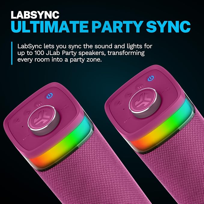JLab, JBuds Party, Portable Bluetooth Speaker, Waterproof Outdoor Speaker, RGB Lighting, Multi-Speaker Connect, Mulberry