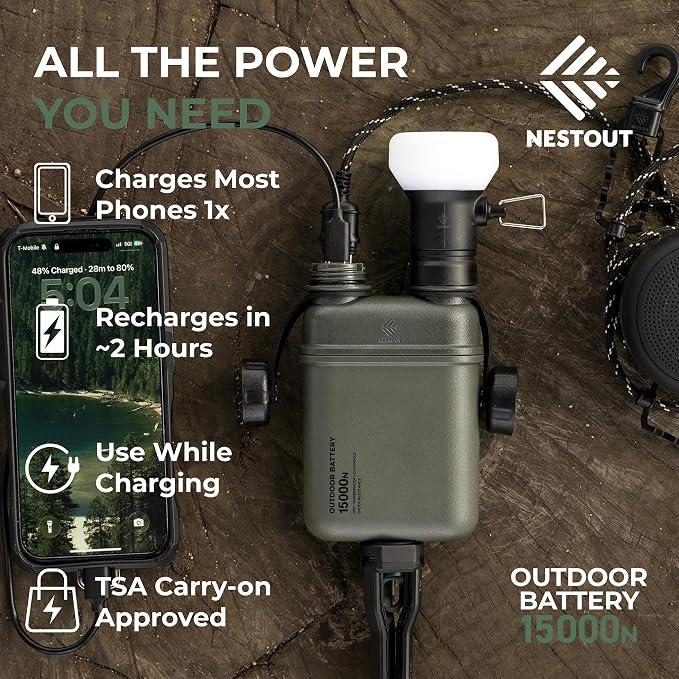 NESTOUT Rugged Power Bank, 15000mAh Outdoor Charger, 32W USB-C Fast Charging PD, Waterproof IP67, Durable Shockproof, Battery Pack for iPhone Tablet Hiking Travel Camping (Olive Green, 15000mAh)