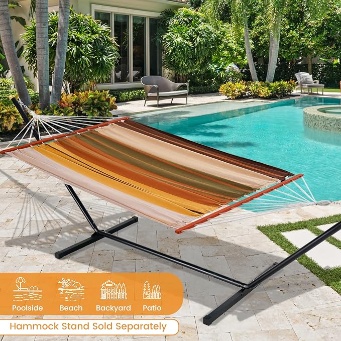 Lazy Daze Hammocks Cotton Fabric Double Hammock with 55" Spreader Bar, Portable Camping Hammock with Carrying Bag & Tree Straps for Patio, Backyard, Balcony, 450lbs Capacity, Brown & Khaki