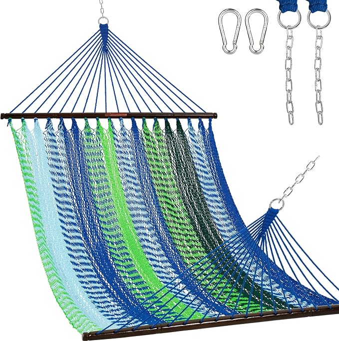 Lazy Daze Hammocks 10.5 FT Double 2 Person Caribbean Rope Hammock, Hand Woven Polyester Hammock with Spreader Bars, for Outside Outdoor Backyard Patio Poolside, 450 LBS Capacity, Blue/Green