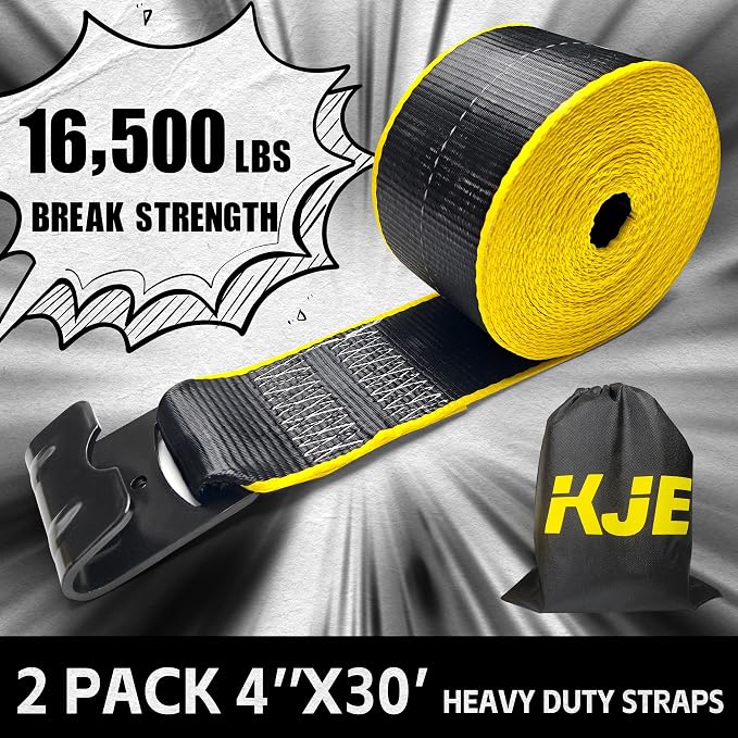 KJE 2 Pack Reflective 4 Inch Straps for Flatbed Trailer, 4" x 30' Black Heavy Duty Tie Down Truck Flatbed Straps, WLL# 5,500 lbs w/Flat Hooks Winch Straps, Cargo Control for Flatbed Truck