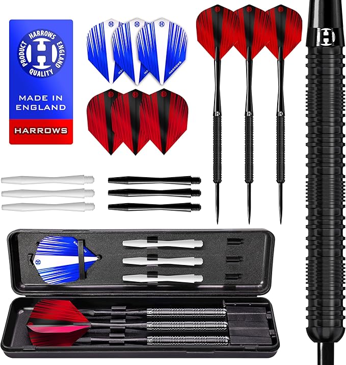 Harrows Caliber 90% Tungsten Steel Tip Darts Set I 21g to 30g All Weights Available I Huge 16pcs Bundle with Spare Shafts, Prime Flights & Travel Case